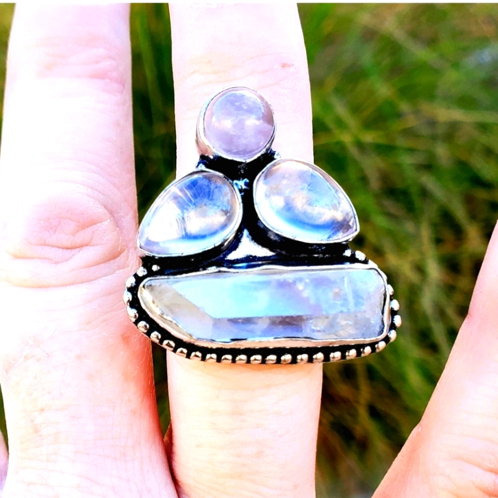 New Rose Quartz & Aura Quartz Crystal 925 Silver Ring.